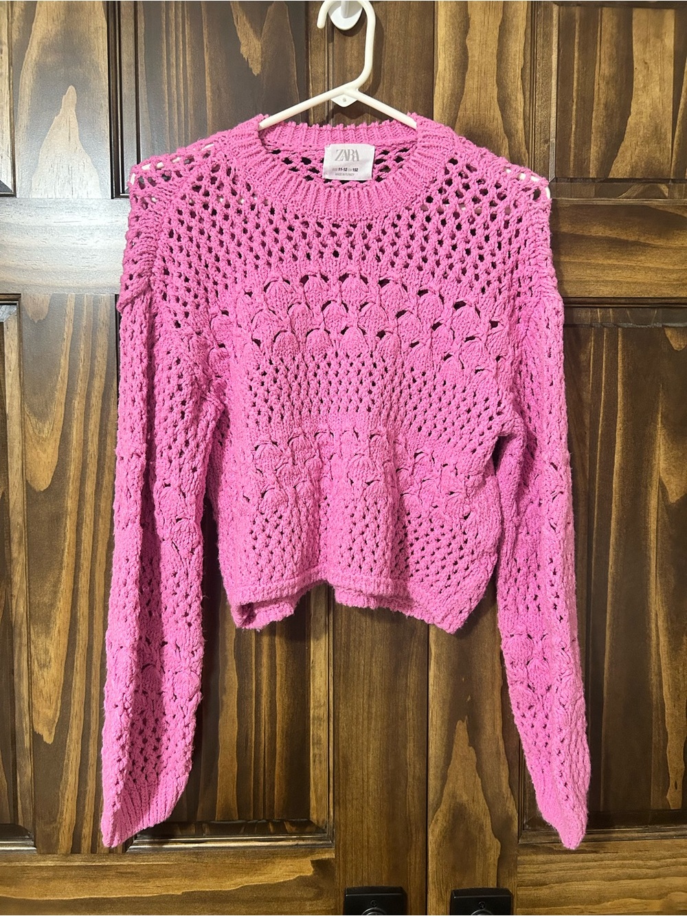 Zara Bright Pink Open-Knit Crewneck Sweater